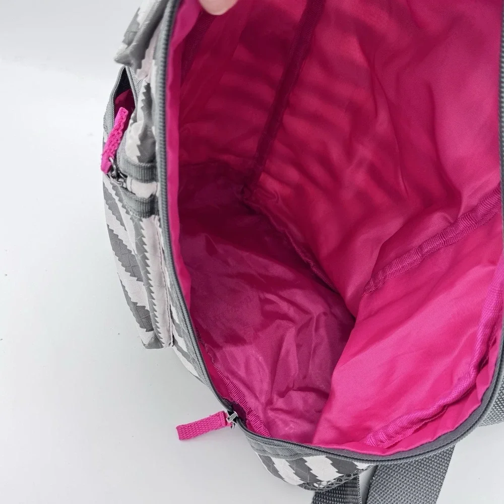 Thirty One Sling Backpack Gray White Chevron Stripe Crossbody Bag Pink Accents